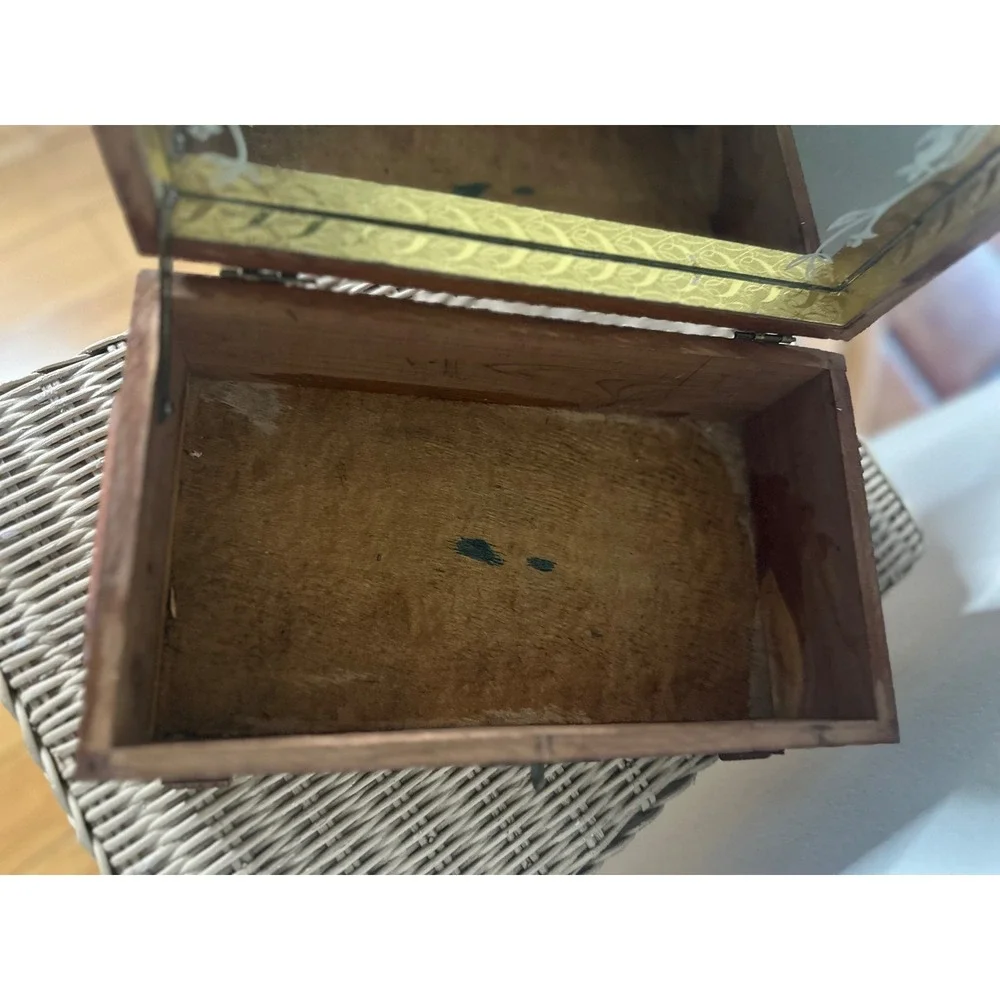 Vintage Hand Carved Cedar Wood Jewelry Box etched Mirror Windmill Footed 50s